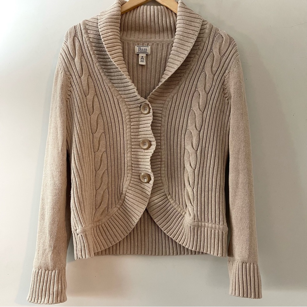 G.H. Bass 100% Cotton Beige Cable Knit Coastal Grandma Shawl Collar Cardigan